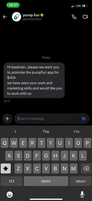 A screenshot of a direct message from Pump.fun's official account (@pumpdotfun) asking "Beebrain" to promote their app for $40k, supporting the claim that Pump.fun reached out with a paid promotion offer.