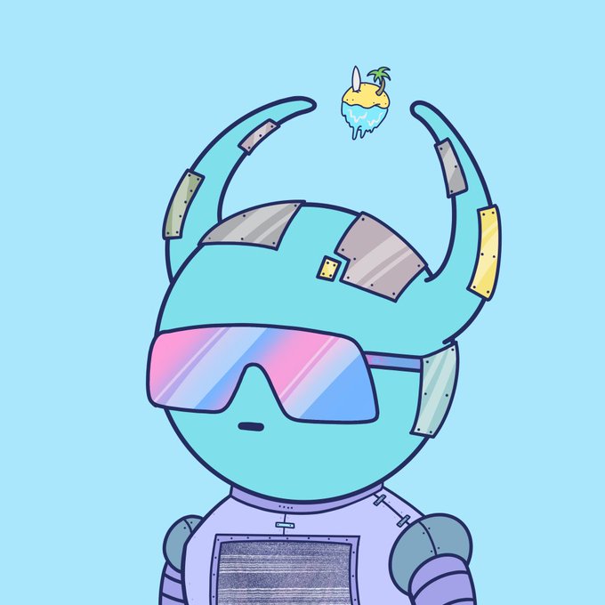 A cartoon illustration of a teal robot-like character with horns, wearing pink and blue gradient visor sunglasses and metal patches on its head, with a small floating island above.