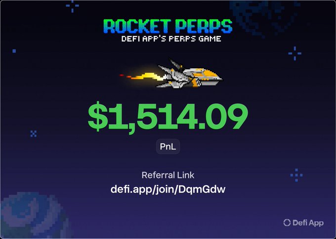 "Trading Rocket perps on Defi Yet , If No start trading & earning rn Start trading Rocket perps on @defiapp Use my referral link, Sign Up Referral link: app.defi.app/join/DqmGdw". This image is a screenshot of the post for the "Rockets" game on the "Defi Yet" application. The gameplay in this case is that players trade rocket ships, represented by small green spaceships with orange flames, and aim to accumulate points or gold coins while also trading them for other items like rare artifacts. As per the text provided, there's a link for a gaming community called 'defi app/join' which seems to be associated with this game. This post focuses on showcasing a new member of the Defi Yet team who has signed up and is now exploring the application's features.