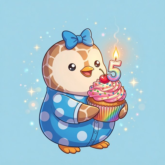 A cute cartoon chick wearing a blue polka-dot outfit and bow, holding a birthday cupcake with a lit candle shaped like the number 5, set against a light blue background with sparkles.
