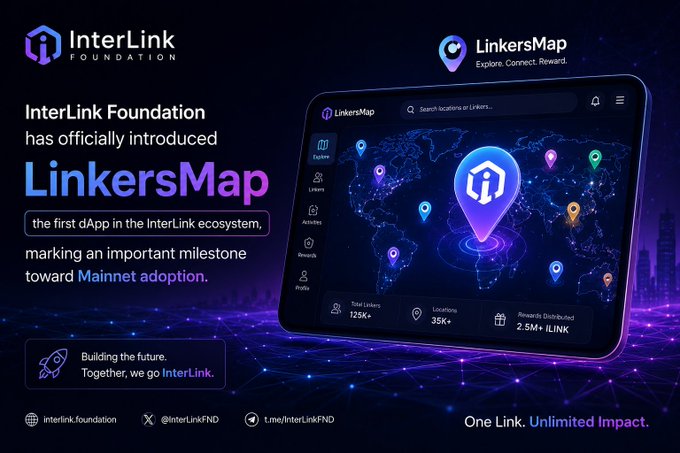 The image features a tablet computer displaying an app called "LinkersMap" that has been officially launched by the Interlink Foundation. The app is designed for users to explore and connect with other Linkers worldwide, providing them with information about various Linker communities and their interests. The app also includes a map of the world, which can be used to navigate through different Linker networks. The post highlights that this app has been officially launched by the Interlink Foundation, marking an important milestone in the journey toward Mainnet adoption.