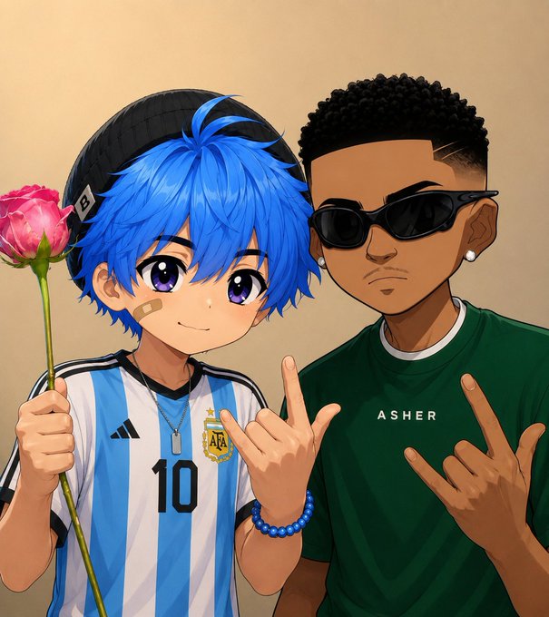 An anime-style illustration of two characters - one with blue hair wearing an Argentina #10 jersey holding a pink flower, and another wearing a green shirt labeled 'ASHER' and sunglasses, both making hand gestures.