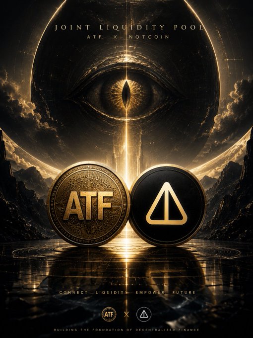 A cinematic gold-and-black poster celebrates the official **ATF × NOTCOIN Joint Liquidity Pool**, featuring a glowing eye above two coin emblems labeled **ATF** and Notcoin’s triangular symbol. Text includes “JOINT LIQUIDITY POOL,” “CONNECT · EMPOWER · FUTURE,” and “BUILDING THE FOUNDATION OF DECENTRALIZED FINANCE,” matching the post’s announcement of a new joint liquidity pool.