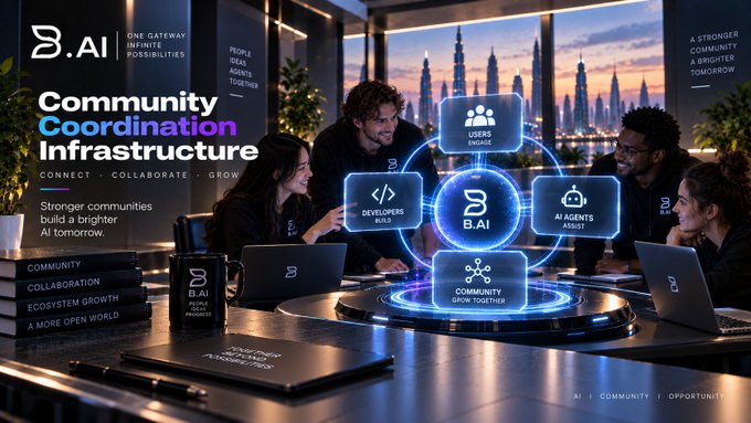 A promotional graphic for 'B.AI' titled 'Community Coordination Infrastructure' featuring four diverse professionals working with laptops, with text like 'CONNECT • COLLABORATE • GROW' and 'B.AI', 'USERS ENGAGE', 'DEVELOPERS BUILD', 'AI AGENTS ASSIST', 'COMMUNITY GROW TOGETHER'.