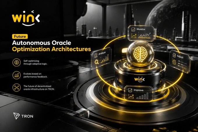 A promotional graphic titled 'Autonomous Oracle Optimization Architectures' features the 'WIN' logo and 'TRON' branding, showing a futuristic platform with floating interfaces labeled 'Monitor', 'Analyze', 'Adjust', and 'Improve'.