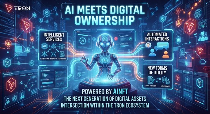 A digital promotional graphic for TRON featuring an AI robot with text 'AI MEETS DIGITAL OWNERSHIP' and 'POWERED BY AINFT - THE NEXT GENERATION OF DIGITAL ASSETS INTERSECTION WITHIN THE TRON ECOSYSTEM', along with sections labeled 'INTELLIGENT SERVICES', 'AUTOMATED INTERACTIONS', and 'NEW FORMS OF UTILITY'.