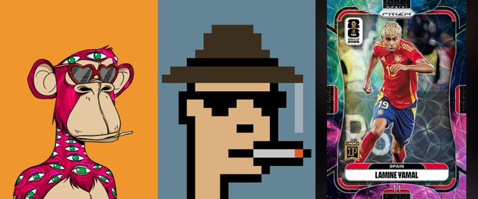 The image is a split graphic featuring a Bored Ape Yacht Club NFT on the left, a CryptoPunk NFT in the middle, and a Panini blockchain digital trading card of Spanish footballer Lamine Yamal (#19, Spain) on the right. It ties into the post's theme of "Ape or Punk or PBC?" by visually presenting the choice between collecting BAYC, CryptoPunks, or Panini Blockchain soccer cards.