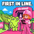 A small colorful cartoon image shows the words “FIRST IN LINE.” above a pink-clad girl beside a green character outside a storefront marked “A blast.”