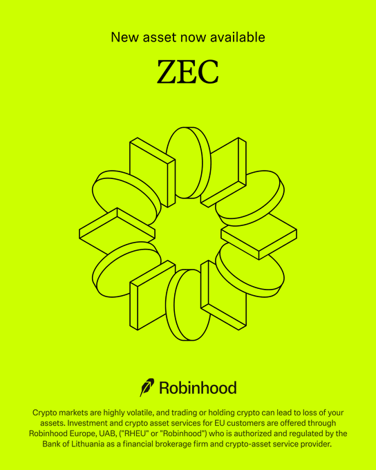 The image features a poster with a circular design, which appears to be a logo for Robinhood. The text on the poster reads "En abril #Zcash llegó a Robin Hood. Y te lo explicamos en nuestro episodio: youtu.be/ZI8b_TFSj0Y". This suggests that the poster is promoting Robinhood, an online investment platform, and it encourages viewers to learn more about the platform by watching the video posted on Twitter.
