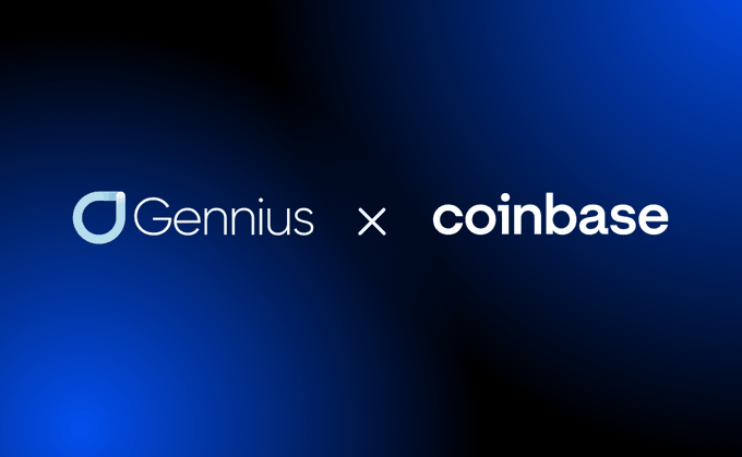 The image features a partnership announcement graphic with the Gennius and Coinbase logos side by side, separated by a multiplication "×" symbol on a dark blue gradient background. It visually represents the collaboration between Gennius and Coinbase to bring stablecoin-powered digital asset services—built on Coinbase's custom stablecoin infrastructure—to Latin American banks, beginning in Argentina.