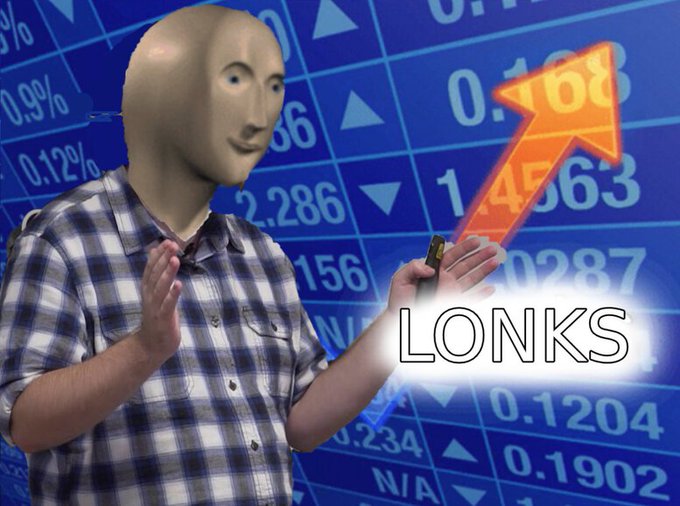 A "Meme Man" figure wearing a plaid shirt holds up a small black object (resembling a USB drive) with the text "LONKS" displayed prominently beside him, set against a blue background of stock market tickers including percentages like 0.99%, 0.12%, and 2.286%. The image humorously references Sergey Nazarov, the founder of Chainlink (cryptocurrency ticker: LINK), with "LONKS" being a playful misspelling combining "links" with the meme man's characteristic speech pattern.
