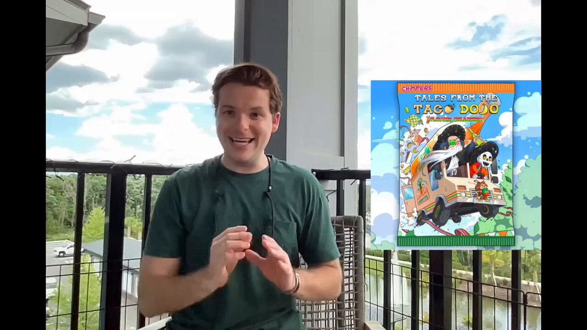 The image features a man wearing a green shirt, standing next to a balcony with a poster of a cartoon character from "The Simpsons" hanging above him. The poster has a message that reads, "GET READY TO SIP AND RIP! @ChimpersHQ And @Jarritos Are Dropping Their Tales From The Taco Dojo Collectible Experience On @apecoin Tomorrow And Everyone Is Invited To Crack Open A Pack!".