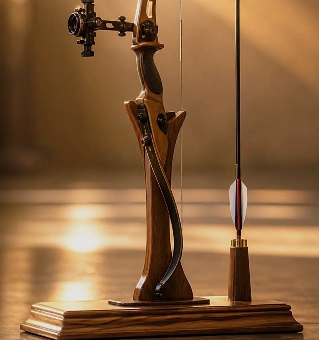 A decorative display featuring an ornate wooden archery bow and an arrow mounted on a carved wooden base, set against a warm, golden-lit background.