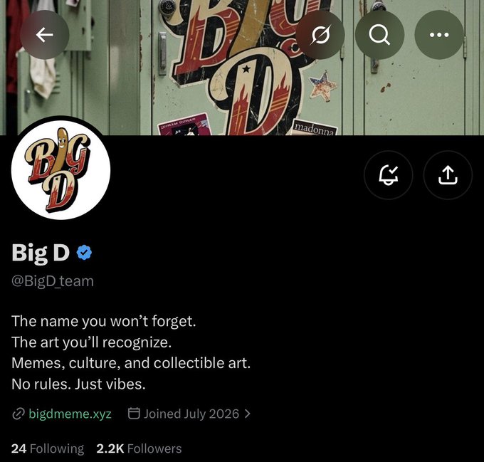 A screenshot of the verified X/Twitter profile for "Big D" (@BigD_team), displaying their "Big D" logo profile picture, a bio promoting memes, culture, and collectible art with the tagline "No rules. Just vibes," and showing 2.2K followers alongside a link to bigdmeme.xyz. The image aligns with the accompanying post by showcasing the official Big D account that viewers are encouraged to follow for upcoming announcements.