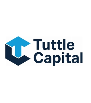 The image displays the Tuttle Capital logo, featuring a stylized blue "T" cube icon next to the company name in dark navy text. This branding corresponds to the news about Tuttle Capital partnering with Strive to launch a $4B actively managed ETF focused on Bitcoin treasury preferred stock.