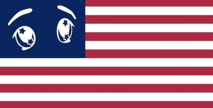A flag with red and white stripes and a blue canton features two cartoon eyes with stars in them.