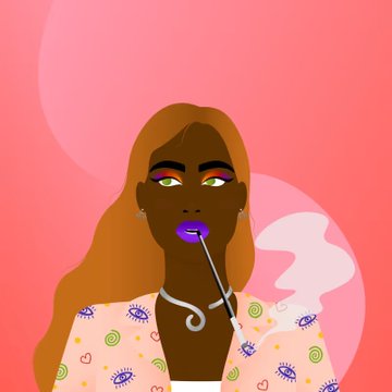 The image features a woman with long brown hair wearing a pink dress, holding a cigarette and blowing smoke out of her mouth. The background is a gradient of pink and purple colors, creating an artistic and visually appealing scene. The caption provided seems unrelated to the main subject matter or the image itself.