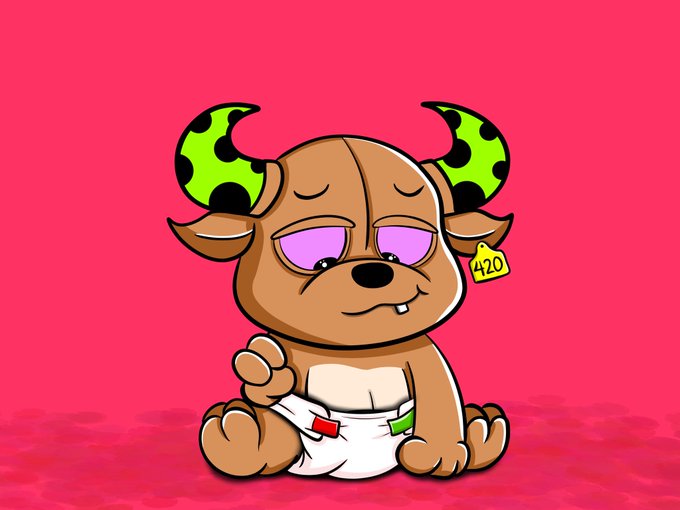 A cartoon illustration of a tired-looking brown baby character with green polka-dot horns, purple eyes, and a diaper, with a price tag reading '420' on one ear, sitting on a pink background.