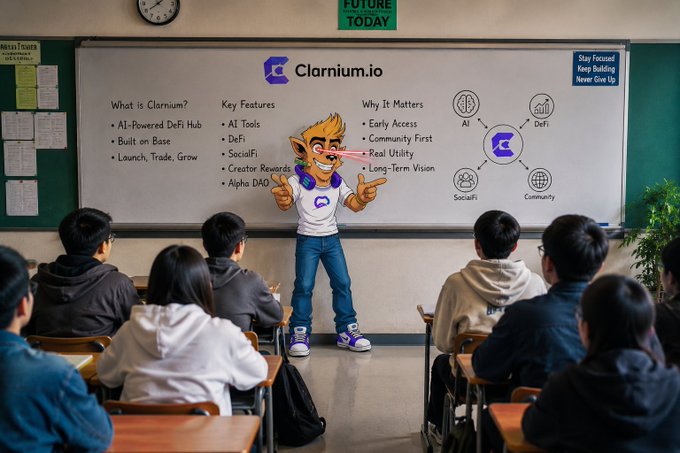 The image shows a classroom setting with a teacher standing at the front of the room giving a presentation or lecture. The students are seated in their desks, attentively listening to the teacher's words. The whiteboard behind them displays information about ClarniumIO, an AI platform that focuses on building AI-powered projects and ecosystems. The post also mentions the importance of AI, DeFi, SocialFi, and creator incentives in today's market.