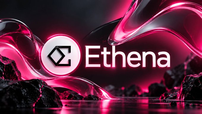The image displays the Ethena logo prominently against a sleek, futuristic backdrop of glowing pink liquid waves and dark rocky textures. This visually reinforces the post's message about Ethena expanding its USDe synthetic dollar strategy beyond crypto by incorporating tokenized US stocks and equity perpetuals, highlighting the platform's innovative approach to bridging traditional equity exposure with crypto-native hedging tools.