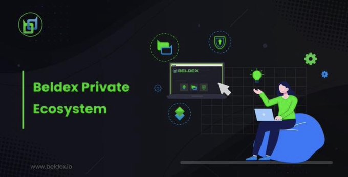 A promotional banner for 'Beldex Private Ecosystem' (www.beldex.io) featuring an illustrated character on a laptop surrounded by icons representing messaging, security, and configuration.