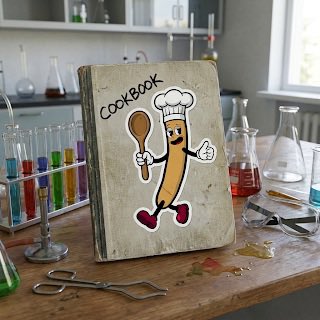 A worn 'COOKBOOK' featuring an illustration of a smiling banana wearing a chef's hat, sitting on a wooden table surrounded by lab glassware and beakers.
