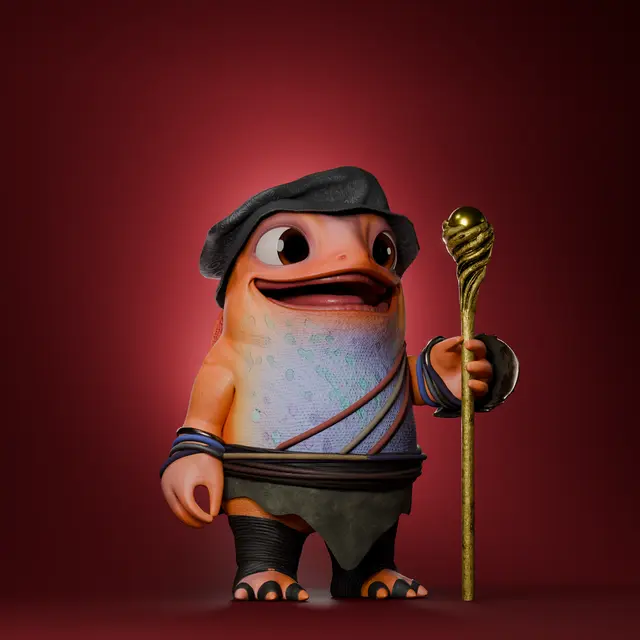 A 3D-rendered cartoon character, an orange reptilian creature wearing a black hat and loincloth, holding a golden staff against a red background.