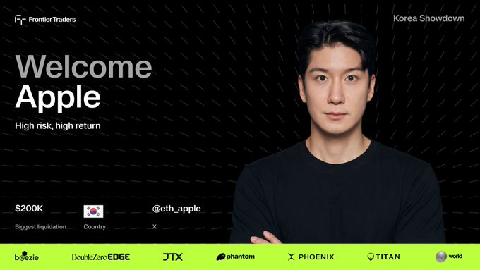 A promotional banner for Frontier Traders 'Korea Showdown' featuring trader 'Apple' (@eth_apple) from South Korea, noting $200K as the biggest liquidation, with sponsor logos including blaze, EDGE, JTX, phantom, PHOENIX, TITAN, and world.