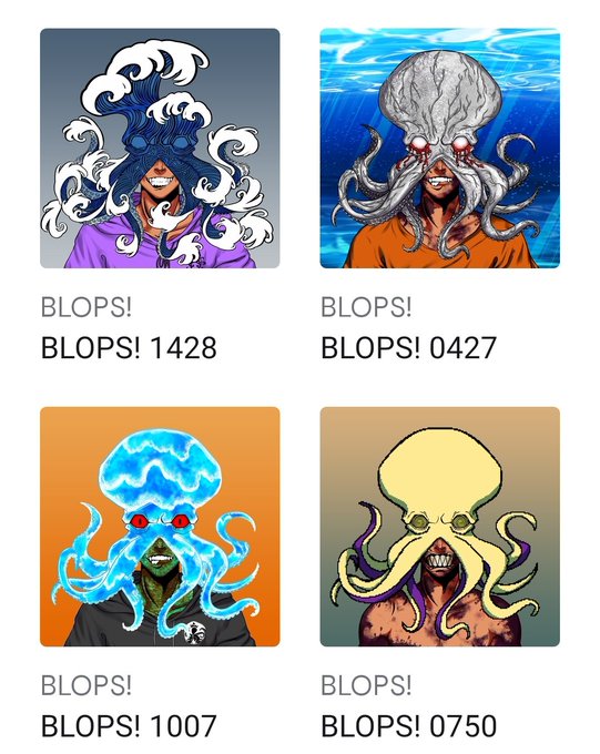 The image features four different cartoon-style portraits of people with tentacles, each wearing a hat that has "BLOPS!" written on them. The person at the top left wears a purple hat with white waves, while the one at the bottom right wears an orange hat with blue waves. In the middle row, there is a blue octopus with red eyes and a green head, as well as a yellow octopus with a pink head. At the bottom of the image, there are two more cartoon-style portraits of people wearing hats that say "BLOPS!". The text in the image reads: "Grabbed some BLOPS for the giveaway wallet".