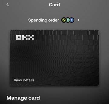 The image shows a digital screen displaying an OKX branded crypto card with "Spending order" options at the top, along with "View details" and "Manage card" options. This relates to the post as it showcases the sleek OKX card the author is endorsing, which allows users to easily pay for purchases using their crypto holdings.