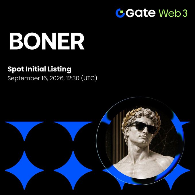 A promotional graphic from Gate Web3 announcing the Spot Initial Listing of "BONER" on September 16, 2026, at 12:30 (UTC), featuring a classical statue of a laurel-wreathed man wearing modern sunglasses.