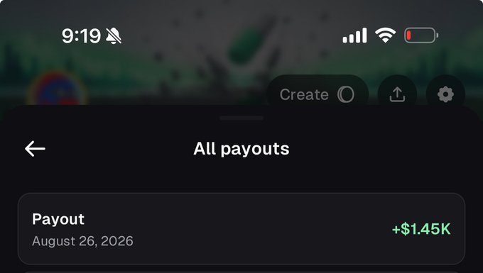 The image shows a mobile screen displaying "All payouts" with a single Payout entry of "+$1.45K" dated August 26, 2026, confirming the poster's claim of earning $1,450 in a single day.