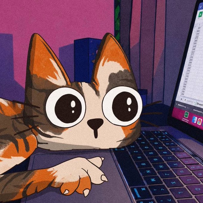 A cartoon calico cat with big eyes rests on a laptop keyboard next to a spreadsheet displaying numerical data, likely illustrating the data-driven nature of the RWA (real-world asset) and meme project on BNB Chain that the post highlights. The visible Excel spreadsheet with rows of numbers reinforces the financial/asset-tracking aspect of the community-driven blockchain project being praised.