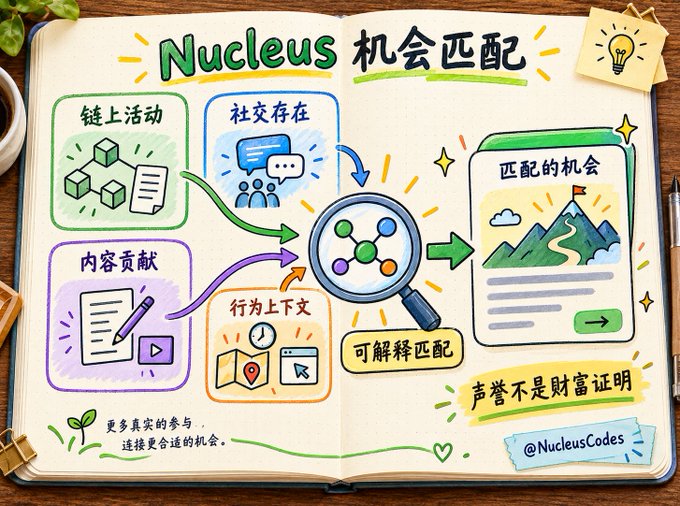 A hand-drawn illustration in a notebook titled 'Nucleus 机会匹配' showing concepts of online activities, social presence, content contribution, and behavior context flowing into matched opportunities.