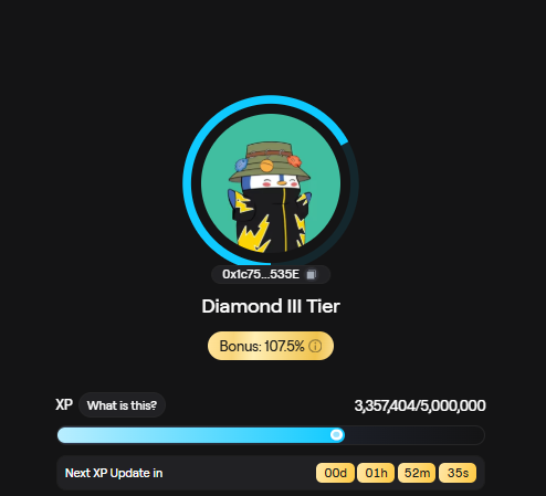 A user profile displays a "Diamond III Tier" status with a 107.5% bonus, showing 3,357,404 out of 5,000,000 XP earned on AbstractChain, with the next XP update in 00d 01h 52m 33s.