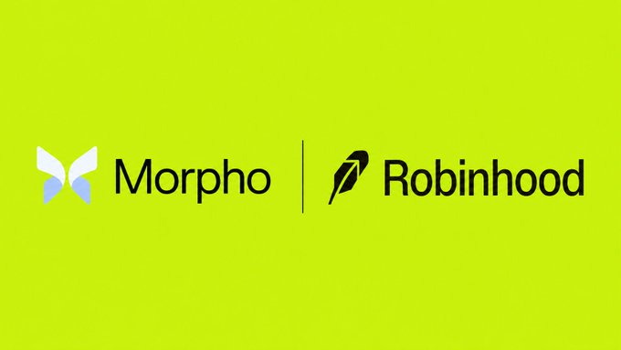 A bright yellow-green graphic displays the Morpho logo alongside the Robinhood logo, separated by a thin vertical line. The image visually represents the partnership milestone of Morpho surpassing $500M on Robinhood Chain within just one month, as referenced in the accompanying post.