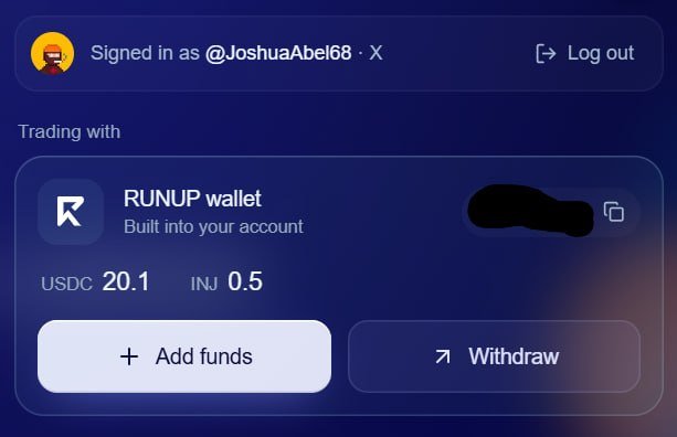 A crypto wallet interface showing a user signed in as @JoshuaAbel68 with a RUNUP wallet containing 20.1 USDC and 0.5 INJ, with the wallet address redacted.