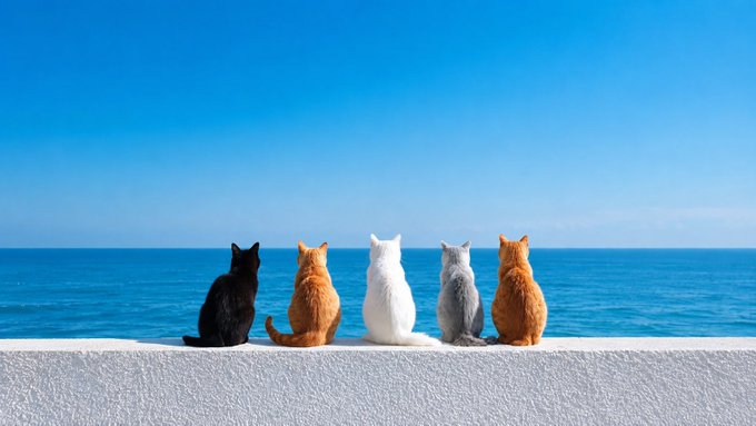 Five cats of various colors (black, orange, white, gray, and orange) sitting side by side on a white ledge looking out at a vast blue ocean under a clear sky.