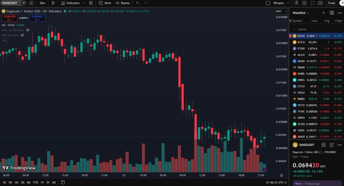 A TradingView candlestick chart showing Dogecoin (DOGE/USDT) on Poloniex, with the current price at 0.069420 displayed at the bottom and on the right-hand watchlist, illustrating the cryptocurrency's return to its meme-inspired "magic number" after a sharp decline.