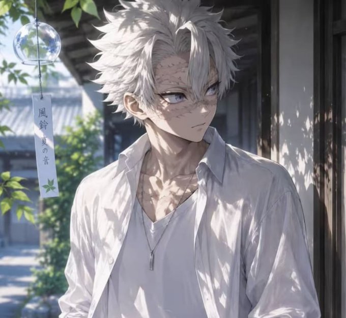 An anime-style illustration of a young man with messy white hair, blue eyes, and scars on his face, wearing an open white shirt over a white undershirt in a sunlit outdoor setting with a wind chime bearing Chinese characters.