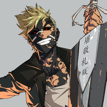 An anime-style illustration of a blonde male character with glowing red eyes and dark facial markings, holding a large weapon with Japanese characters '謹敬礼讃' inscribed on it.
