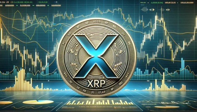 A large XRP cryptocurrency coin displayed prominently against a background of trading charts, candlestick graphs, and financial market data.