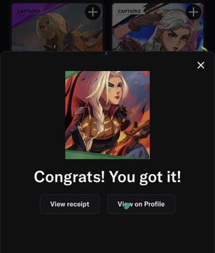 A mobile screen showing a 'Congrats! You got it!' message after acquiring a digital character item, with buttons for 'View receipt' and 'View on Profile'.