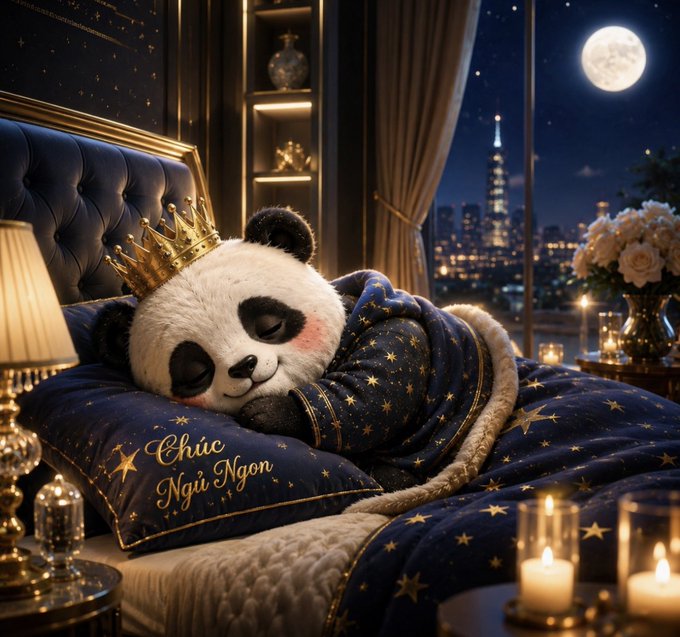 A cute panda wearing a golden crown sleeps peacefully on an ornate bed with star-patterned blue bedding that reads 'Chic Ngủ Ngon' (sleep well in Vietnamese), set in a luxurious bedroom with a full moon and city skyline view.