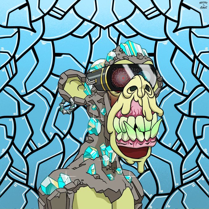 A stylized illustration depicts a grotesque creature with a mouth full of teeth, wearing goggles, adorned with teal crystals, set against a blue crystalline background.