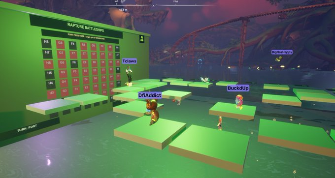A screenshot from a video game showing a multiplayer mini-game on green platforms floating over water, with a 'RAPTURE BATTLESHIPS' scoreboard and players labeled 'DfiAddict', 'BuckdUp', 'Telaws', and 'BigBeatHappy'.