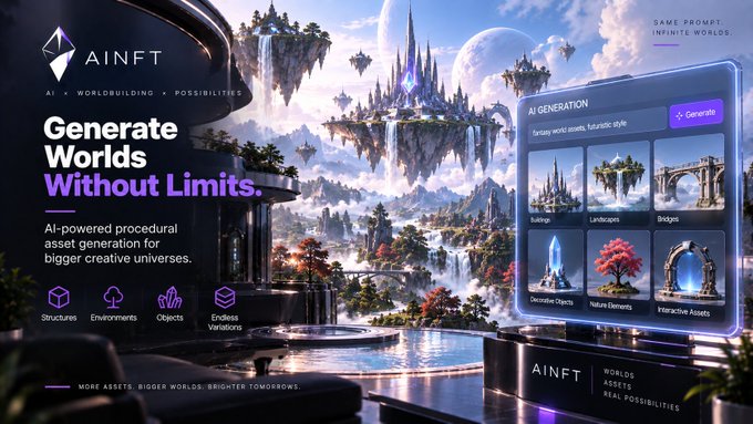 An advertisement for 'AINFT' with the tagline 'Generate Worlds Without Limits' and 'AI-powered procedural asset generation for bigger creative universes,' showing a fantasy floating island and a digital interface.