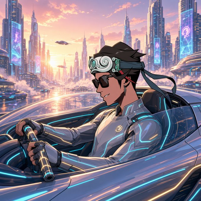 An anime-style illustration of a young man with goggles and sunglasses driving a futuristic glowing vehicle through a neon-lit cyberpunk cityscape at sunset.