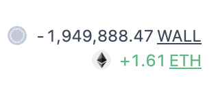 The image shows a trading position with -1,949,888.47 WALL tokens and a +1.61 ETH gain, illustrating the user's profitable exit from the $WALL trade mentioned in the post, where they sold tokens, converted proceeds into an NFT, and recovered their cost plus profit.