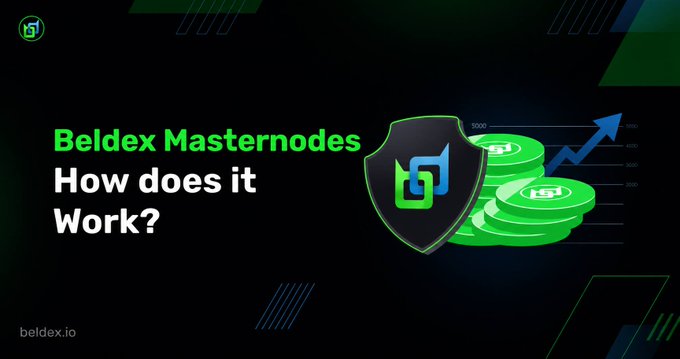 A dark-themed graphic titled "Beldex Masternodes - How does it Work?" featuring the Beldex shield logo alongside a stack of green BDX coins and an upward-trending blue arrow, illustrating how the masternode infrastructure powers Beldex's privacy ecosystem by verifying blocks, securing transactions, and supporting dApps at the base layer.